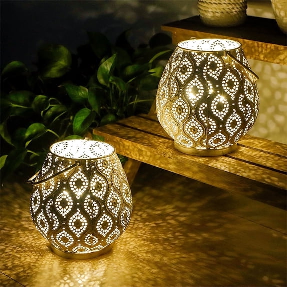 Set of 2 Moroccan Style Metal Table Lamp 18cm H Battery Powered Cordless Lamp with LED Fairy Lights Bulb