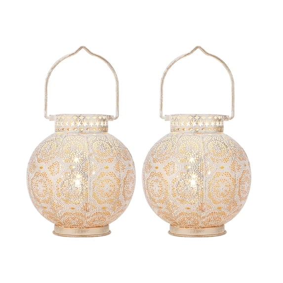Set of 2 Moroccan Style Metal Table Lamp 18cm H Battery Powered Cordless Lamp with LED Fairy Lights Bulb