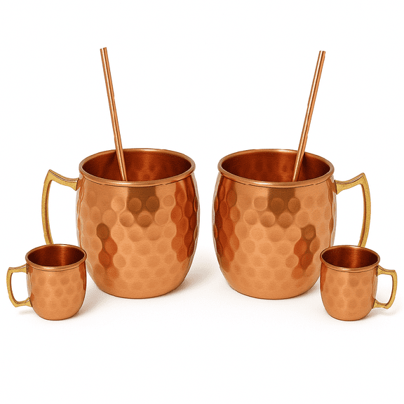 Modern Home Authentic 6-Piece Copper Moscow Mule Mug Set – 2 Full-Size Hammered Mugs + 2 Mini Shot Glasses with Brass Handles & 2 Straws – 100% Pure Copper Drinkware Gift Set