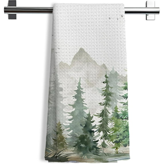 Set of 2 Mountain Forest Green Kitchen Towels Forest Bathroom Decorative Hand Towels, Farmhouse Kitchen Decor, 16x24 Inch