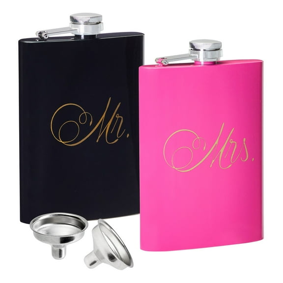 Set of 2 Mr and Mrs Pocket Flask for Bride and Groom, Wedding Gifts (2 Colors, 8 oz)