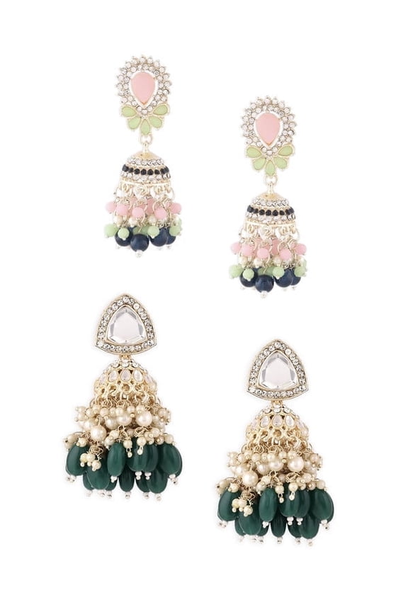 Set of 2 Multicolor Stones Beads Clustered Traditional Jhumka Earrings For Women