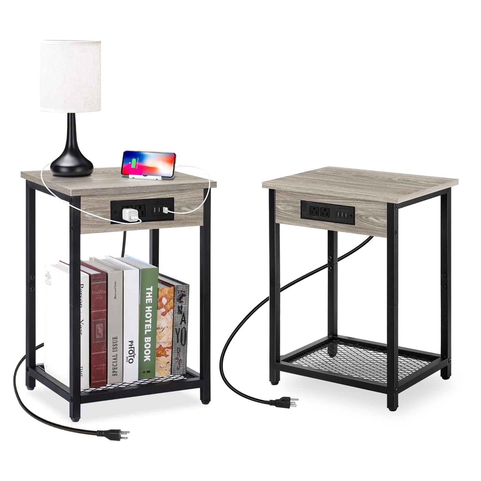 Set of 2 Narrow End Side Tables with USB Ports & Socket Nightstands