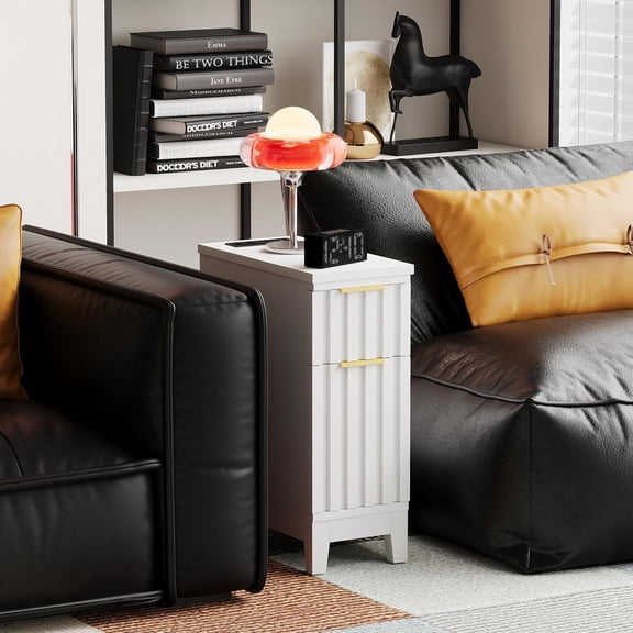 Set of 2 Narrow End Tables with Charging Station and Fluted Front Design for Bedroom Living Room