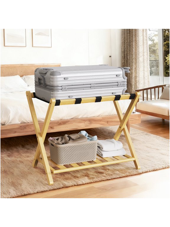 Set of 2 Natural Bamboo Folding Luggage Racks 29 x 28 x 3 Inch with Lower Storage Shelf for Bedroom and Hotel Use