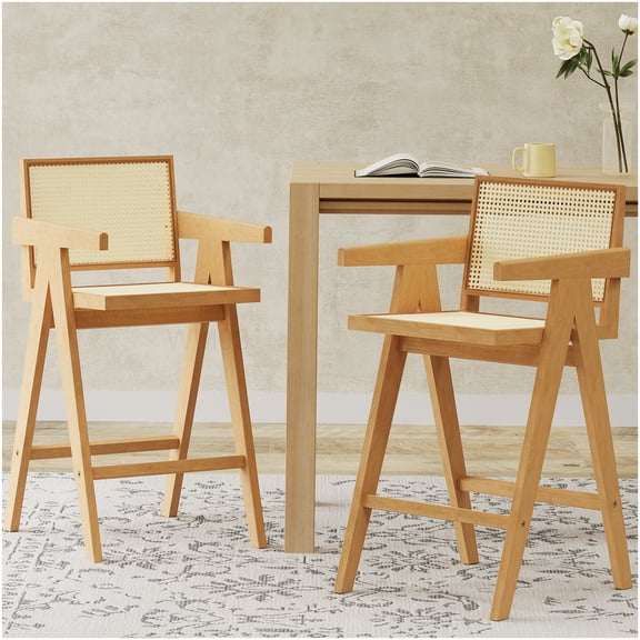 Set of 2 Natural Finish Bar Stools, Solid Wood Frame with Woven Cane Seat and Back, Modern Minimalist Style