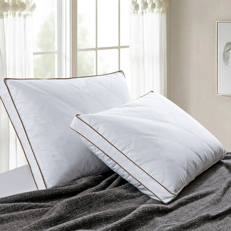Set of 2 Natural Goose Down Feather Gusseted Pillows for Restful Sleep -  Cotton Cover, Downproof, Side and Back Sleepers