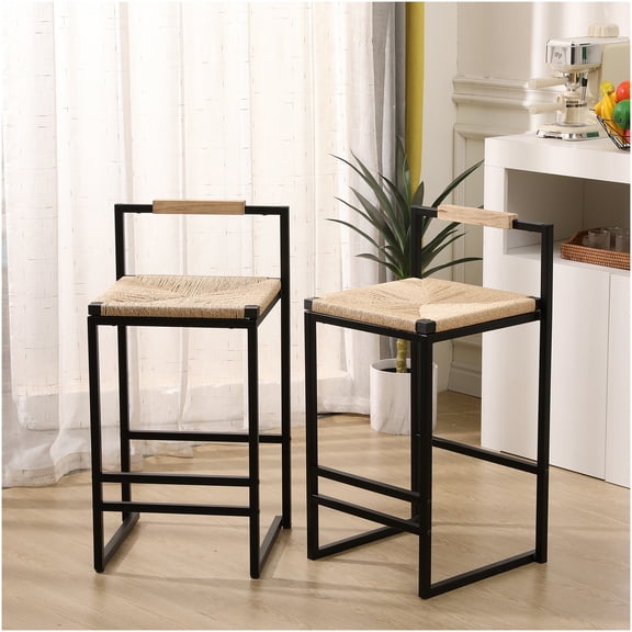 Set of 2 Natural Paper Rope Counter Stools with Back - Metal Frame Kitchen Bar Height Chairs for Dining, Home Decor