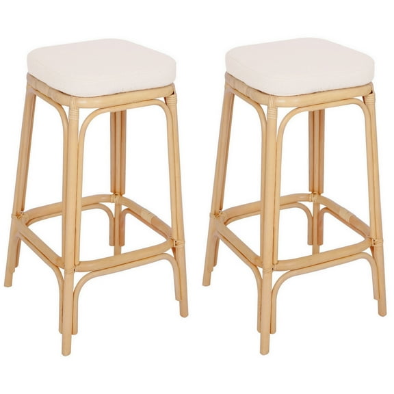 Set of 2 Natural Rattan Beige Bar Stools Exotic Boho Dining Room