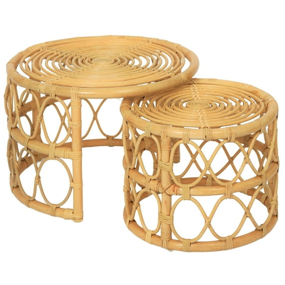 Set of 2 Natural Rattan Coffee Tables Exotic Boho Living Room