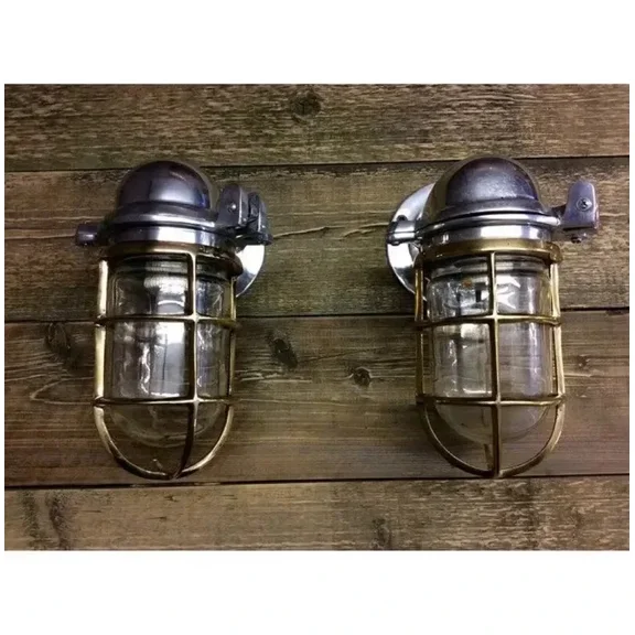 Set of 2 Nautical Naval Patt Aluminum Passageway Wall Lights Brass Cage Vintage Ship Sconces