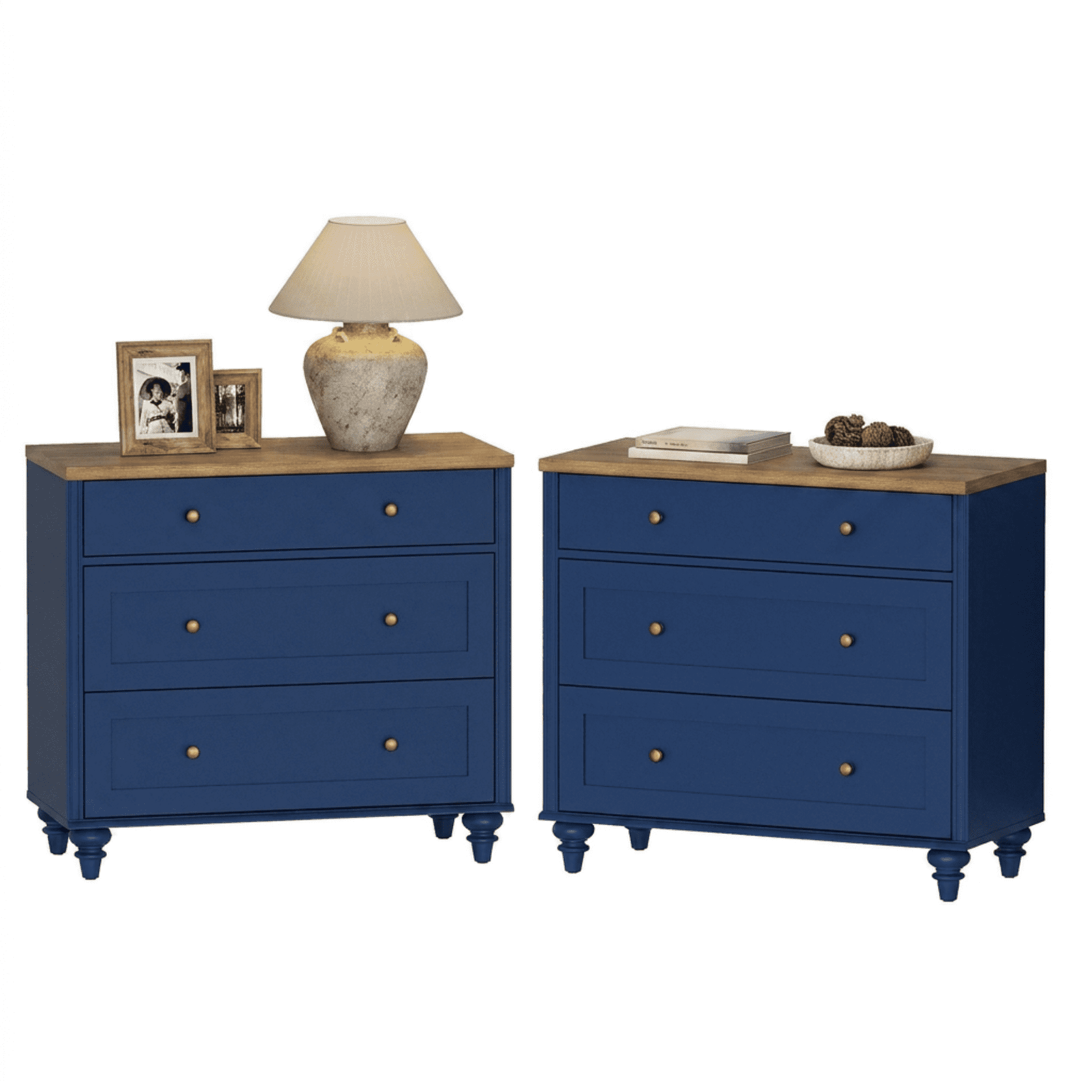 Set of 2 Navy Blue Farmhouse 3-Drawer Nightstand, 34 Inch Large Wooden Multipurpose Storage Dresser Chest