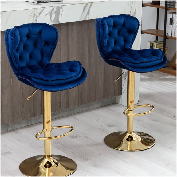 Set of 2 Navy Blue Velvet Bar Stools with Chrome Base, Swivel & Adjustable Height