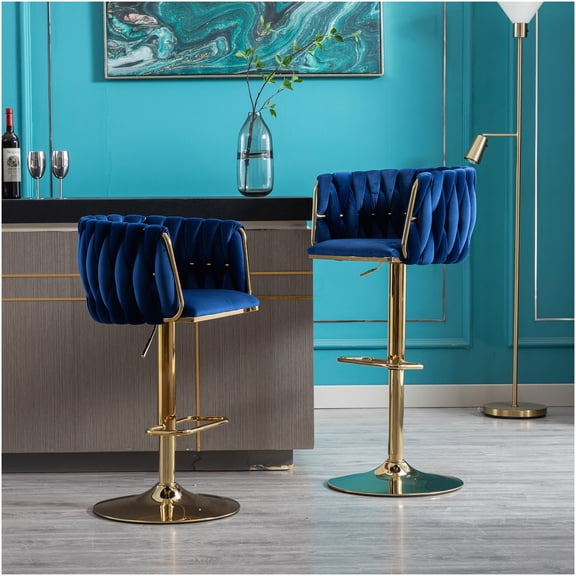 Set of 2 Navy Blue Velvet Bar Stools with Chrome Base, Swivel Seat and Adjustable Height for Kitchen Island, Counter or Home Bar