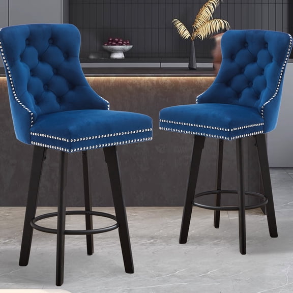 Set of 2 Navy Blue Velvet Bar Stools with Swivel Base, 360° Rotating Counter Stools with Button Tufted Design & Footrest for Kitchen Island
