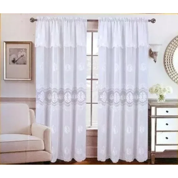 Set of 2 Nerissa Macrame Embroidered Curtains with Attached Valance, 84" Long