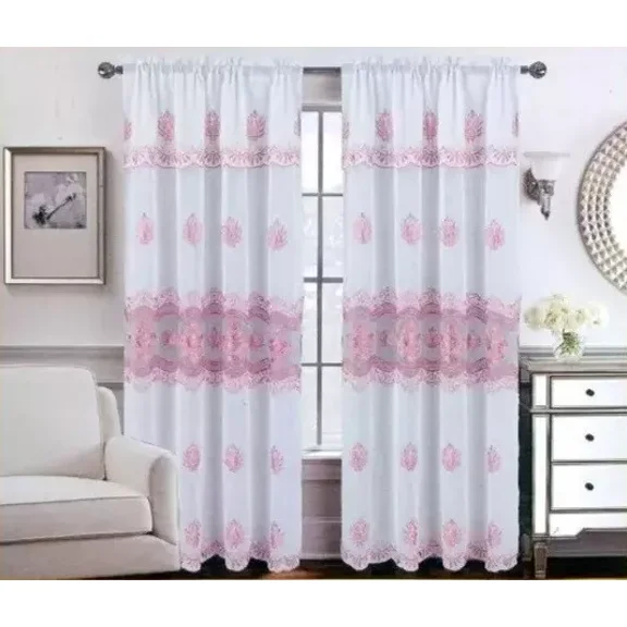 Set of 2 Nerissa Macrame Embroidered Curtains with Attached Valance, 84" Long