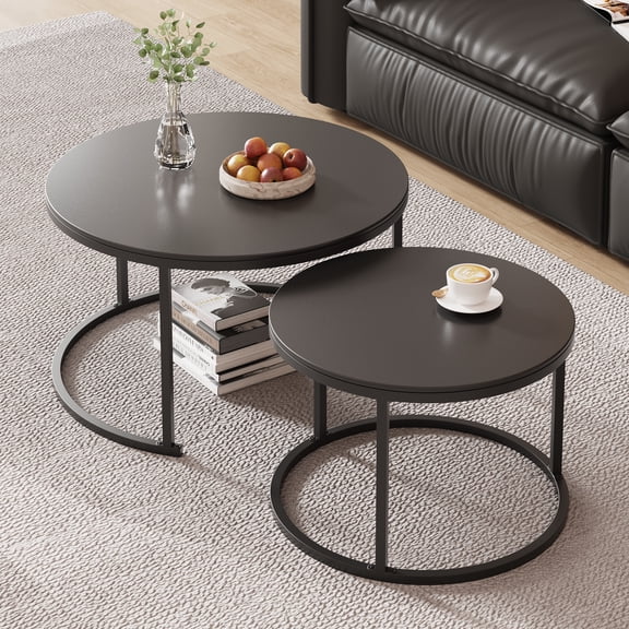 Set of 2 Nesting Coffee Tables,Black Sintered Stone Tabletop & Wrought Iron Frame, Modern Living Room Accent Furniture