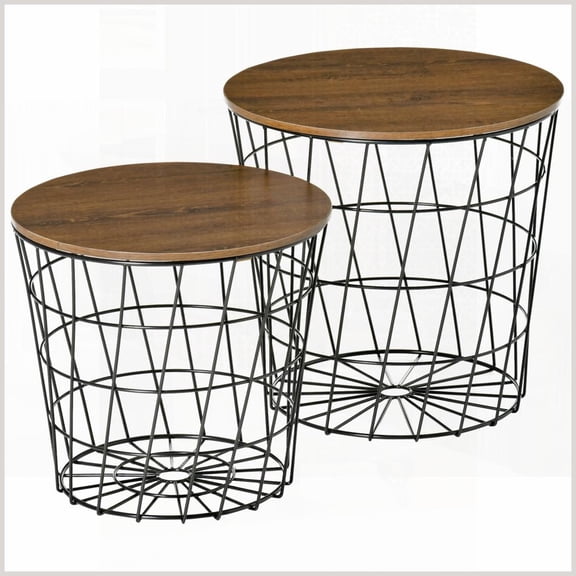 Set of 2 Nesting Coffee Tables with Wood Grain & Metal Wire, Space-Saving Easy-Clean for Living Room/Bedroom
