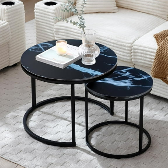 Set of 2 Nesting Round Coffee Tables, Dark Blue Industrial Metal Frame, Modern Side or End Tables