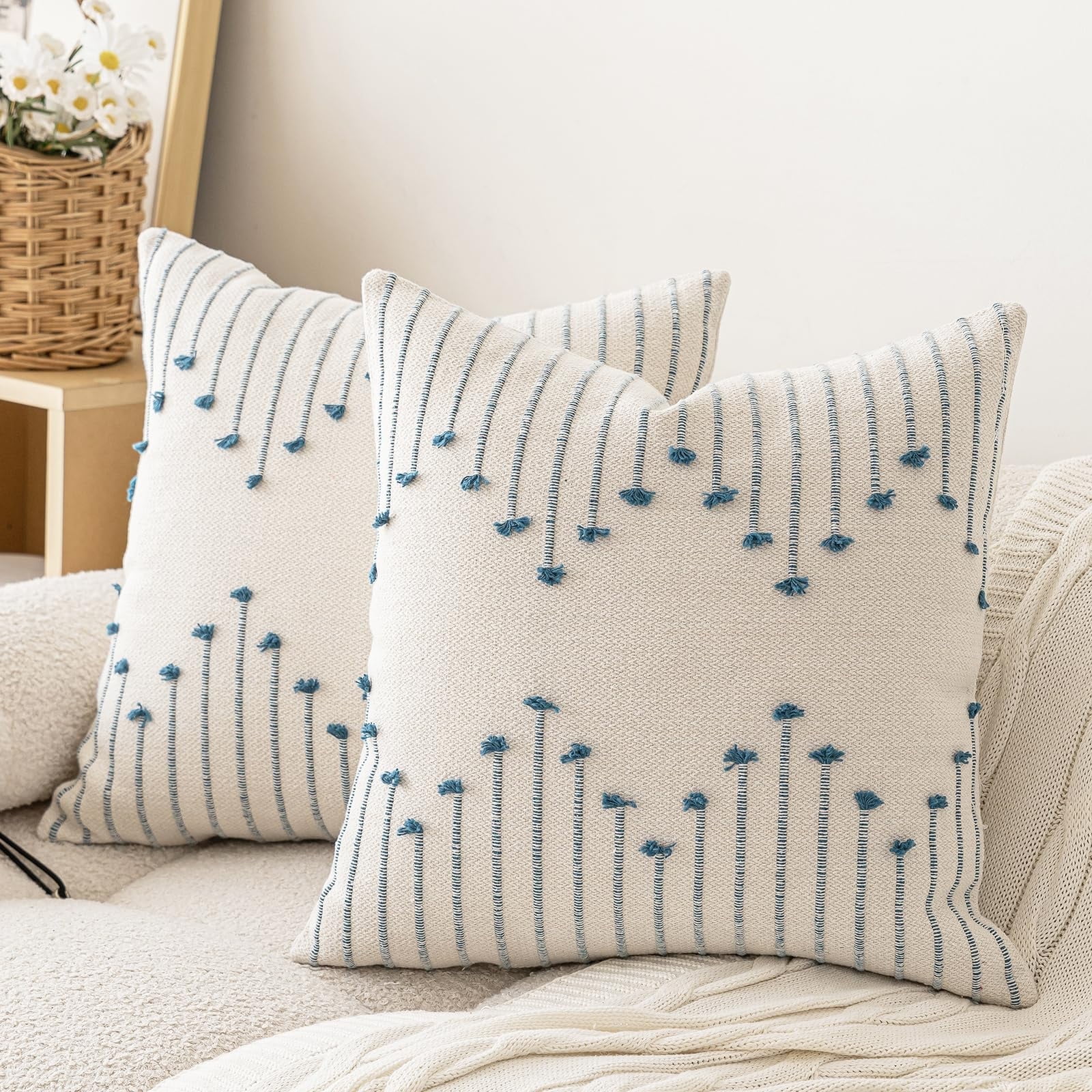 Set of 2 Neutral Woven Decorative Boho Throw Pillows Covers for Couch Bed Home Decor, 18x18 inch, Blue