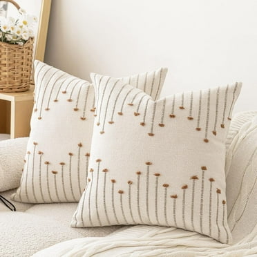 Set of 2 Neutral Woven Decorative Boho Throw Pillows Covers for Couch Bed Home Decor, 18x18 inch, Brown