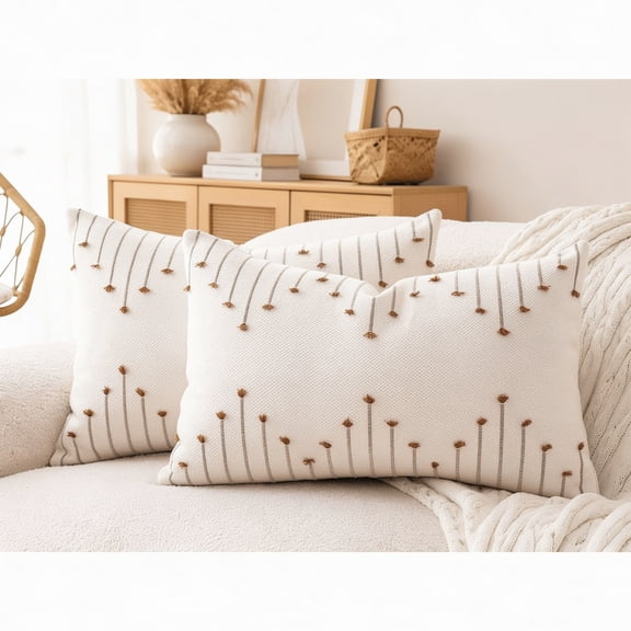 Set of 2 Neutral Woven Decorative Boho Throw Pillows Covers for Couch Bed Home Decor, 20x12 inch, Brown
