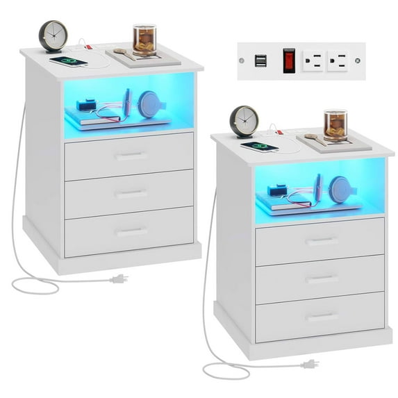 White Nightstand Set of 2 Bedside Table with 3 Drawers & LED Lights & Charging Station, Modern End Side Table for Bedroom