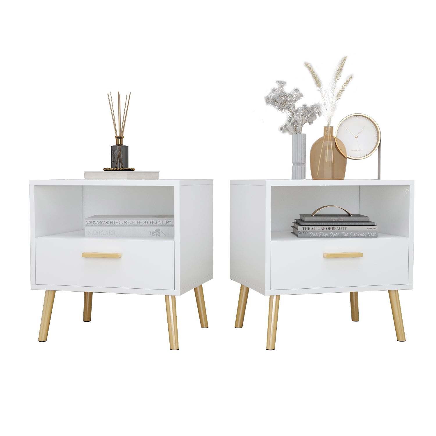 Set of 2 Nightstand for Bedroom, Bedsides Table with Drawer and Open Shelf, White