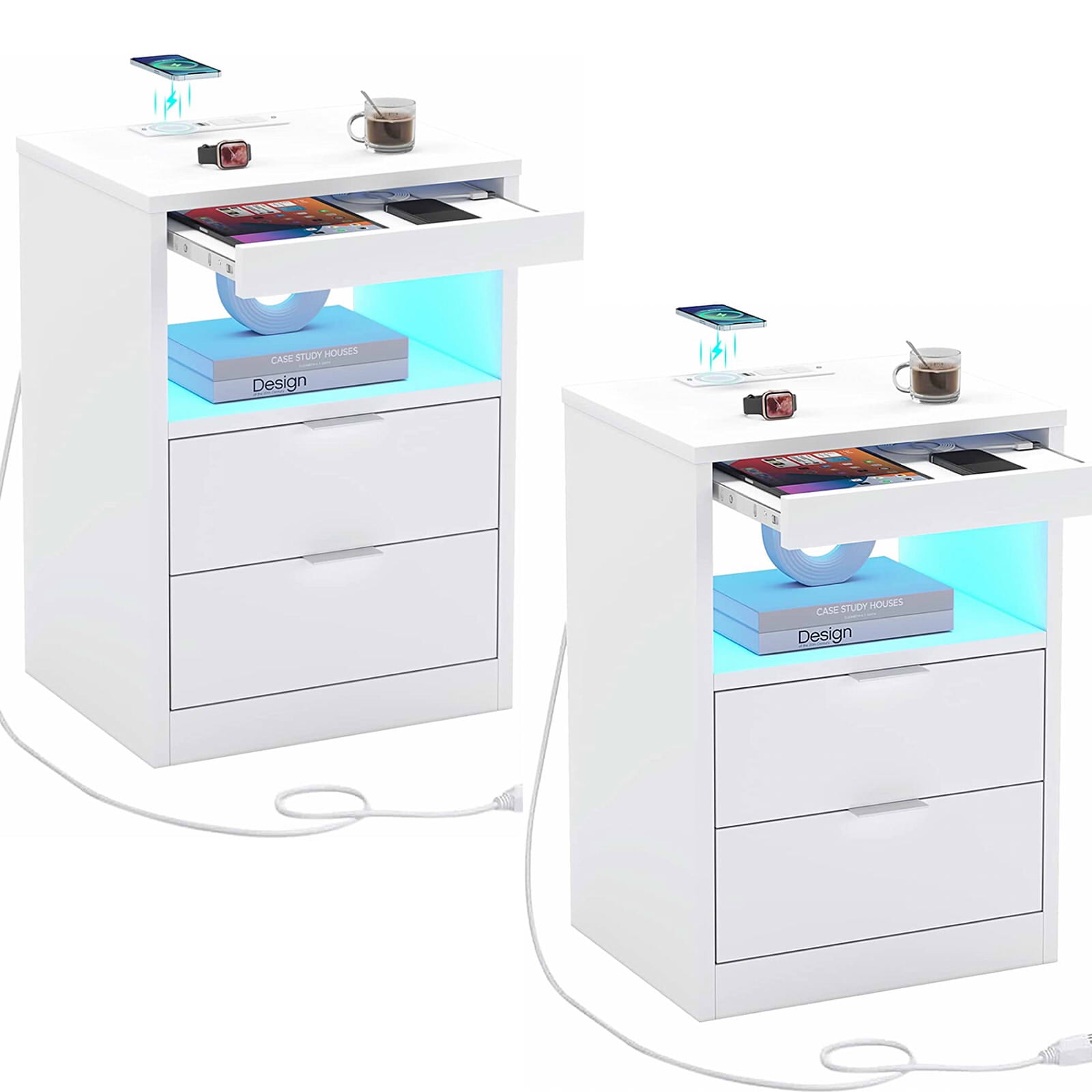 Set of 2 Nightstand with 2 Drawers,Nightstand with Wireless Charging Station and LED Lights, Modern Smart Bedside Table for Living Room Office,White