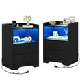 thumbnail image 1 of Set of 2 Nightstand with 2 Fabric Drawers, Modern Sofa Side End Table Storage Cabinet with Charging Station&LED Lights for Bedroom,Black, 1 of 9