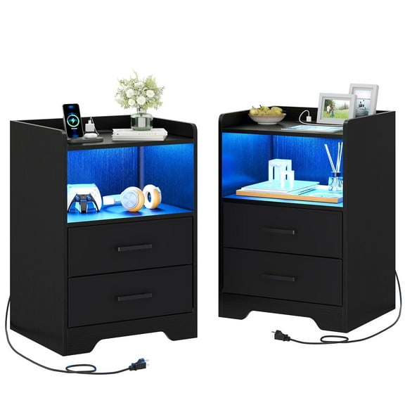 Set of 2 Nightstand with 2 Fabric Drawers, Modern Sofa Side End Table Storage Cabinet with Charging Station&LED Lights for Bedroom,Black