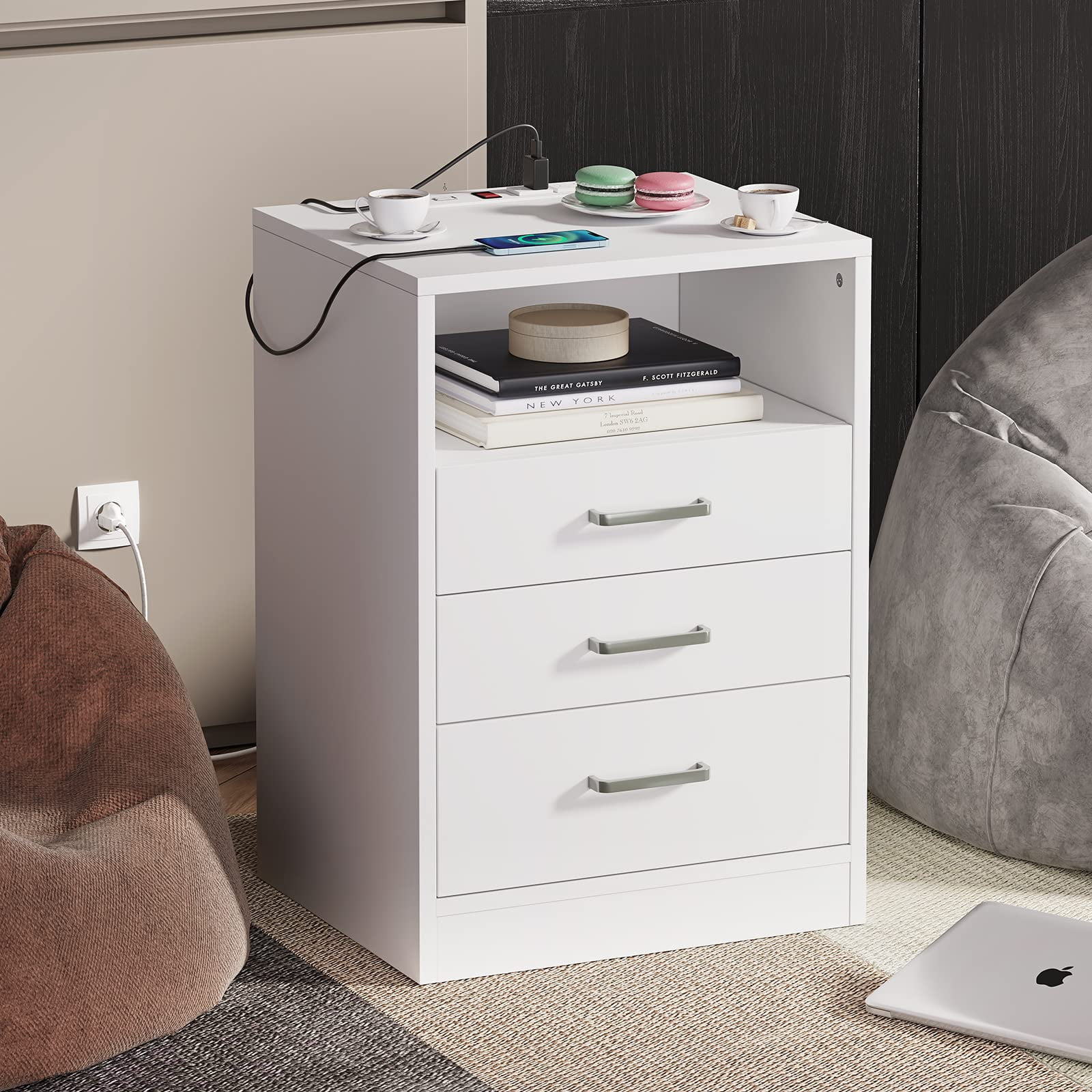 Set of 2 Nightstand with 3 Drawer and Open Storage,Bedside Table with