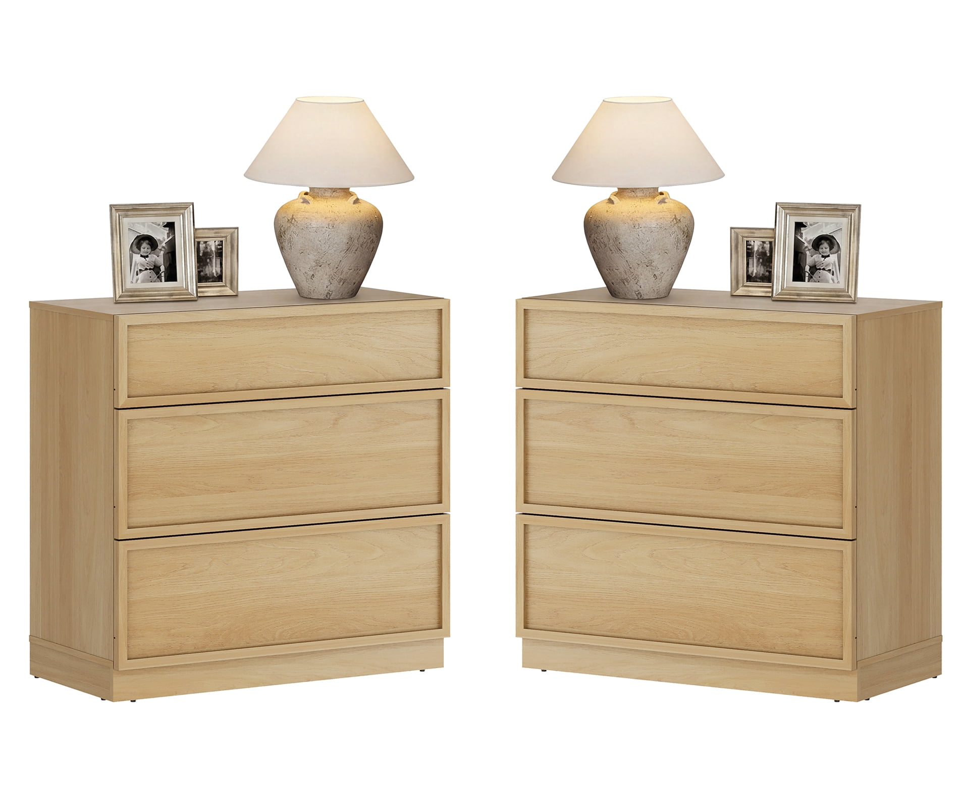 Set of 2 Nightstand with 3 Drawers, Modern Tall End Table with Large Storage for Living Room, Bedroom Wooden Side Table and Closet Organizer