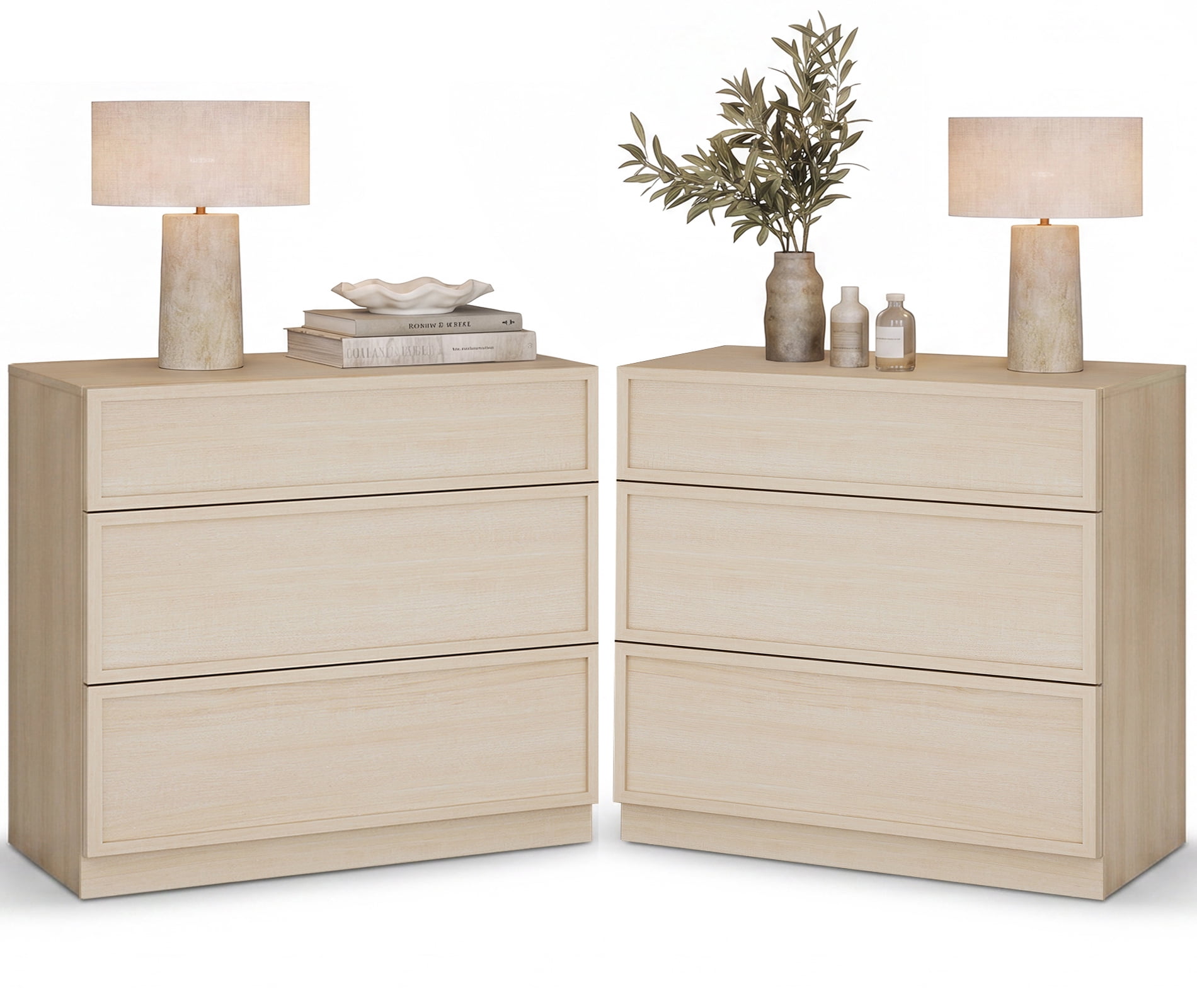 Set of 2 Nightstand with 3 Drawers, Modern Tall End Table with Large Storage for Living Room, Bedroom Wooden Side Table and Closet Organizer