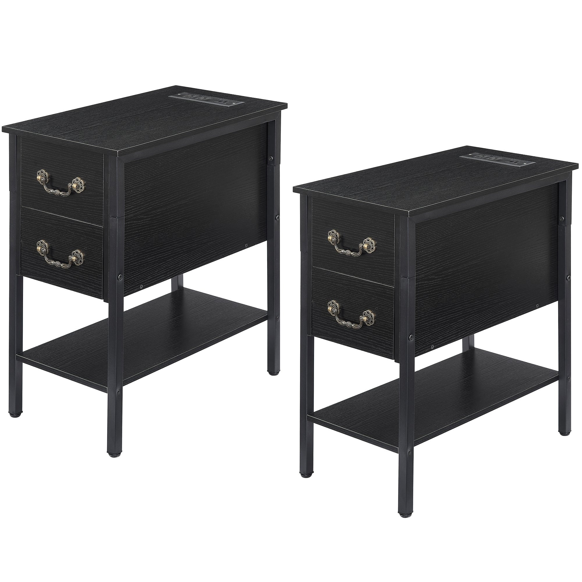 Black MDF and Metal 2-Drawer Nightstand Set with Charging Station