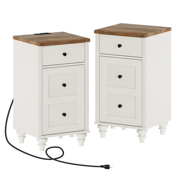 Set of 2 Nightstand with Charging Station, Bedside Table Built-in Outlets, Wood End Table with Drawer and Storage for Living Room, Bedroom,White/Oak