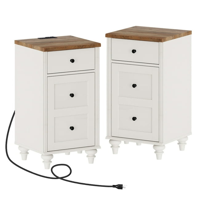 Set of 2 Nightstand with Charging Station, Bedside Table Builtin