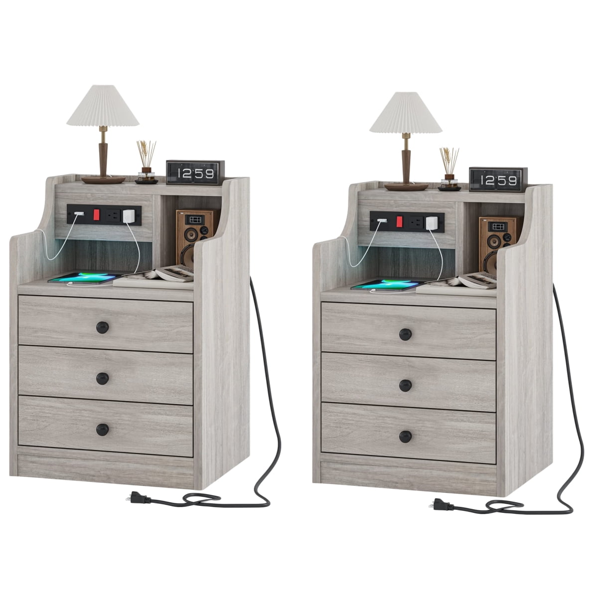 Set of 2 Nightstand with Charging Station, Night Stand with Hutch