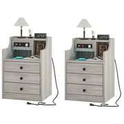 Set of 2 Nightstand with Charging Station, Night Stand with Hutch & Storage Drawers, End Table Side Table Bedroom,Grey-2PCS