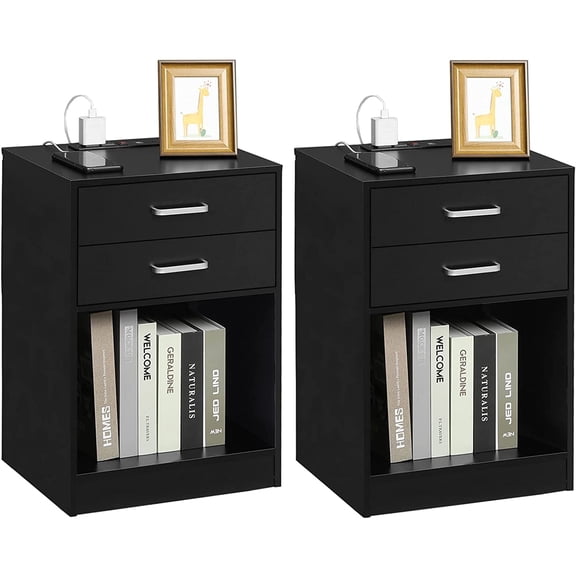 Set of 2 Nightstand with Charging Station Open Shelf With 2 Drawers Bedside Table for Bedroom Living Room, Black