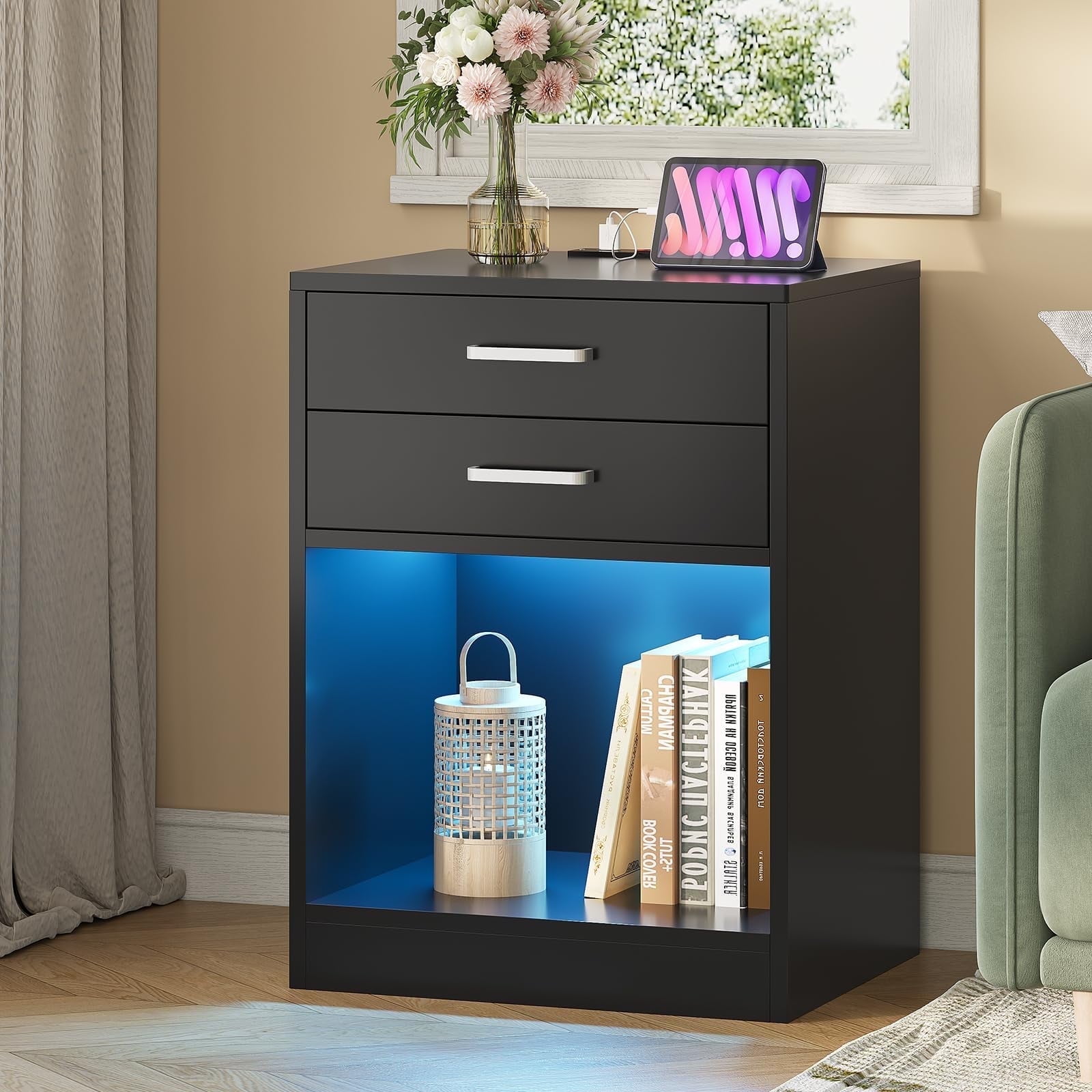 Set of 2 Nightstand with Charging Station and LED Lights,Black Bedside Table with Power Outlets & Drawers,Modern End Side Table for Bedrooms