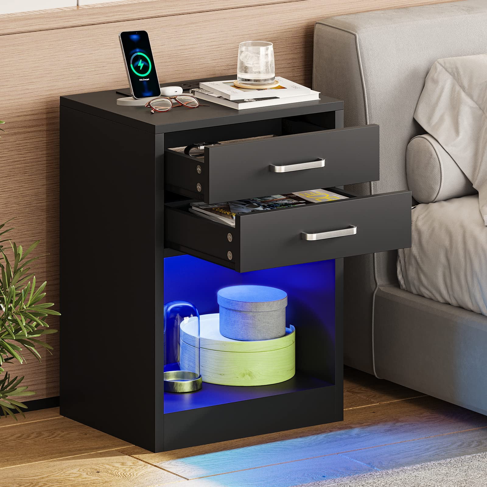Set of 2 Nightstand with Charging Station and LED Lights,Black Bedside Table with Power Outlets