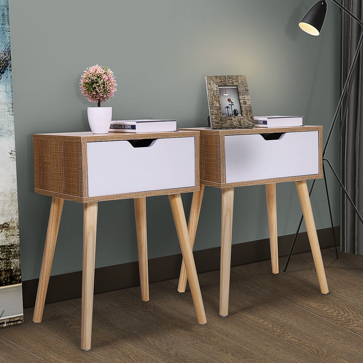 Natural Wood and White 1-Drawer Nightstand Set of 2