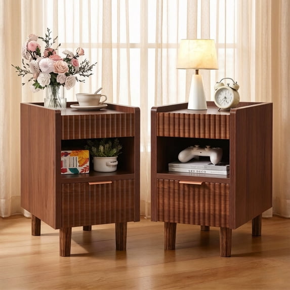 Set of 2 Nightstand with Fluted Drawers, Bedroom Bedside Table with Open Storage, Modern Living Room Small End Table