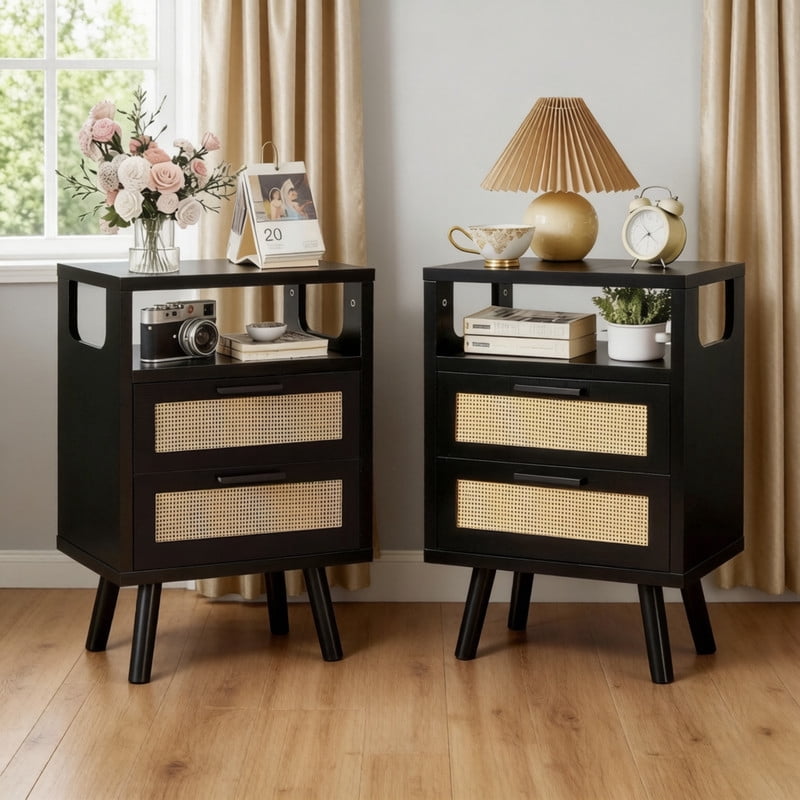Set of 2 Nightstand with Rattan Drawers, Bedroom Bedside Table with Open Storage Space, Living Room Side End Table