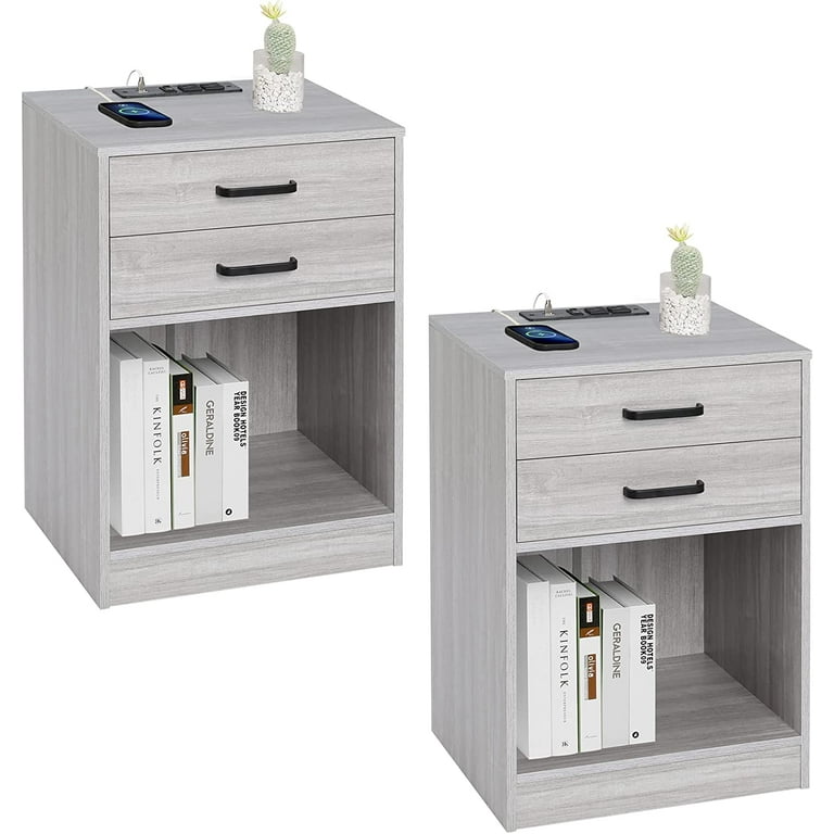 Set of 2 Nightstand with USB Port 2 Drawer Bedside Table Side Storage Stand Cabinet for Bedroom Living Room Grey