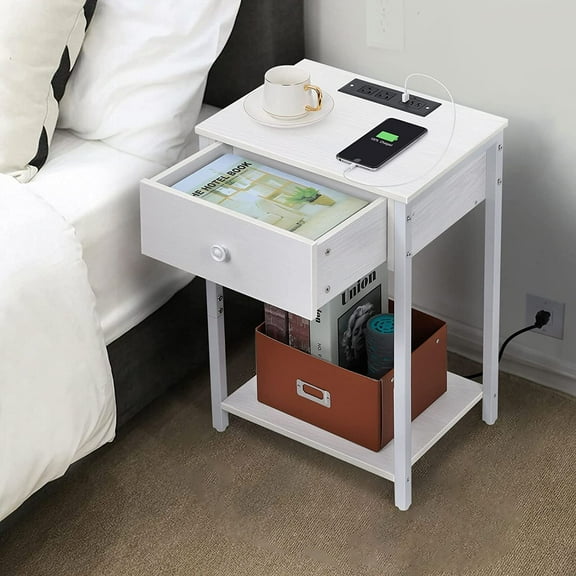 Set of 2 Nightstand with USB Ports & Power Outlets, White