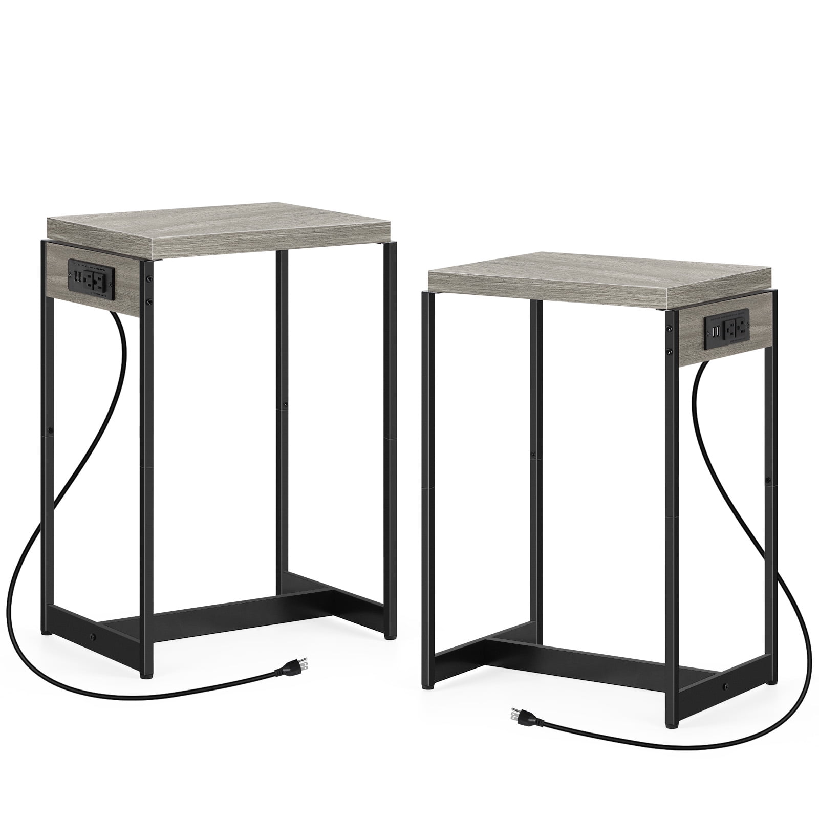 Set of 2 Nightstands Narrow Side Table End Table with USB Ports and Outlets, Gray