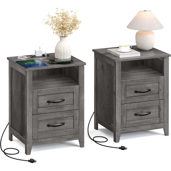 Set of 2 Nightstands with 2 Drawers & Charging Station, Side Tables for Bedroom
